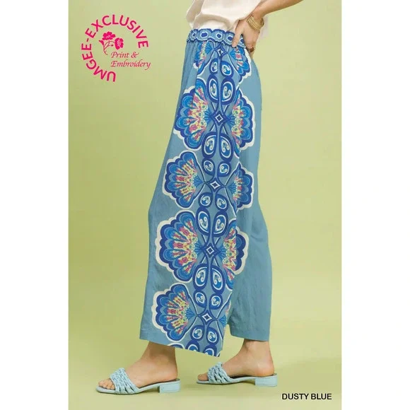 C5968B Umgee Print Wide Palazzo Pants Dusty Blue Various Sizes - Picture 3 of 5